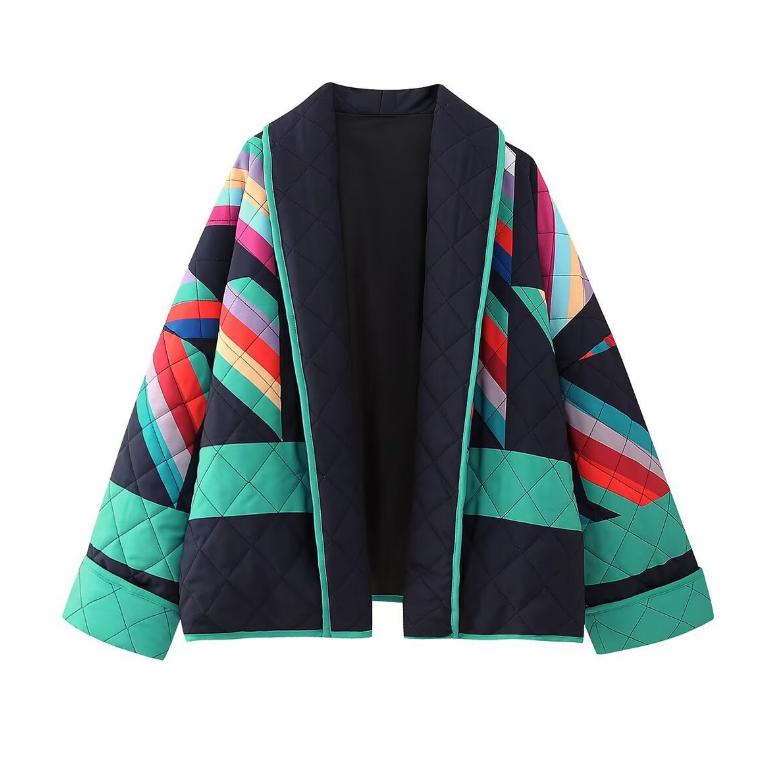 Autumn and Winter Street Fashion Printing Large Size Loose Stitching Cotton Jacket Top