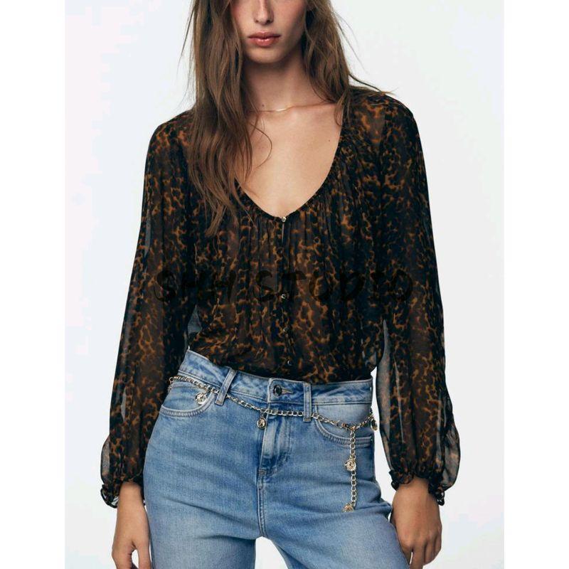 Animal Pattern Print Translucent Shirt 8792139 Animal Pattern Print Wide Leg Casual Trousers 8743148
