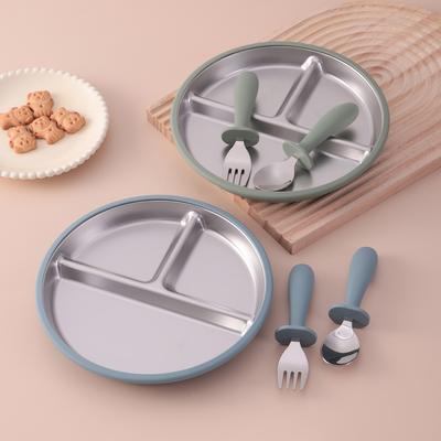 Color Kids 3PCS Stainless Steel Feeding Set Divided Plates With Silicone Sucker Toddler Training Fork Spoon BPA Free Tableware