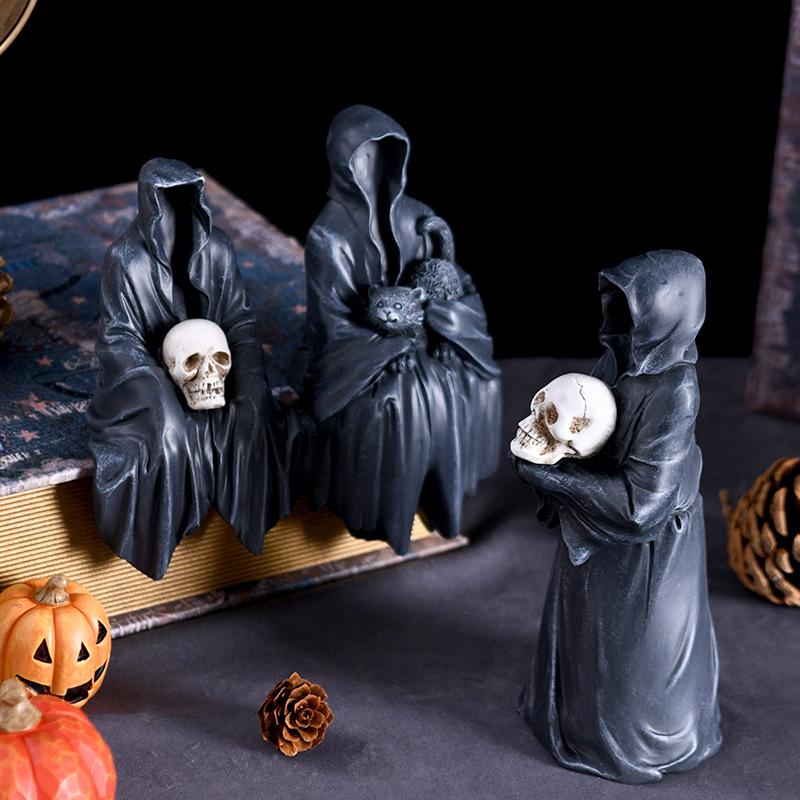 Halloween Black Robe Figurine - Black-faced Ghost for Home, Table, Car Decoration, Resin Small Halloween Decoration