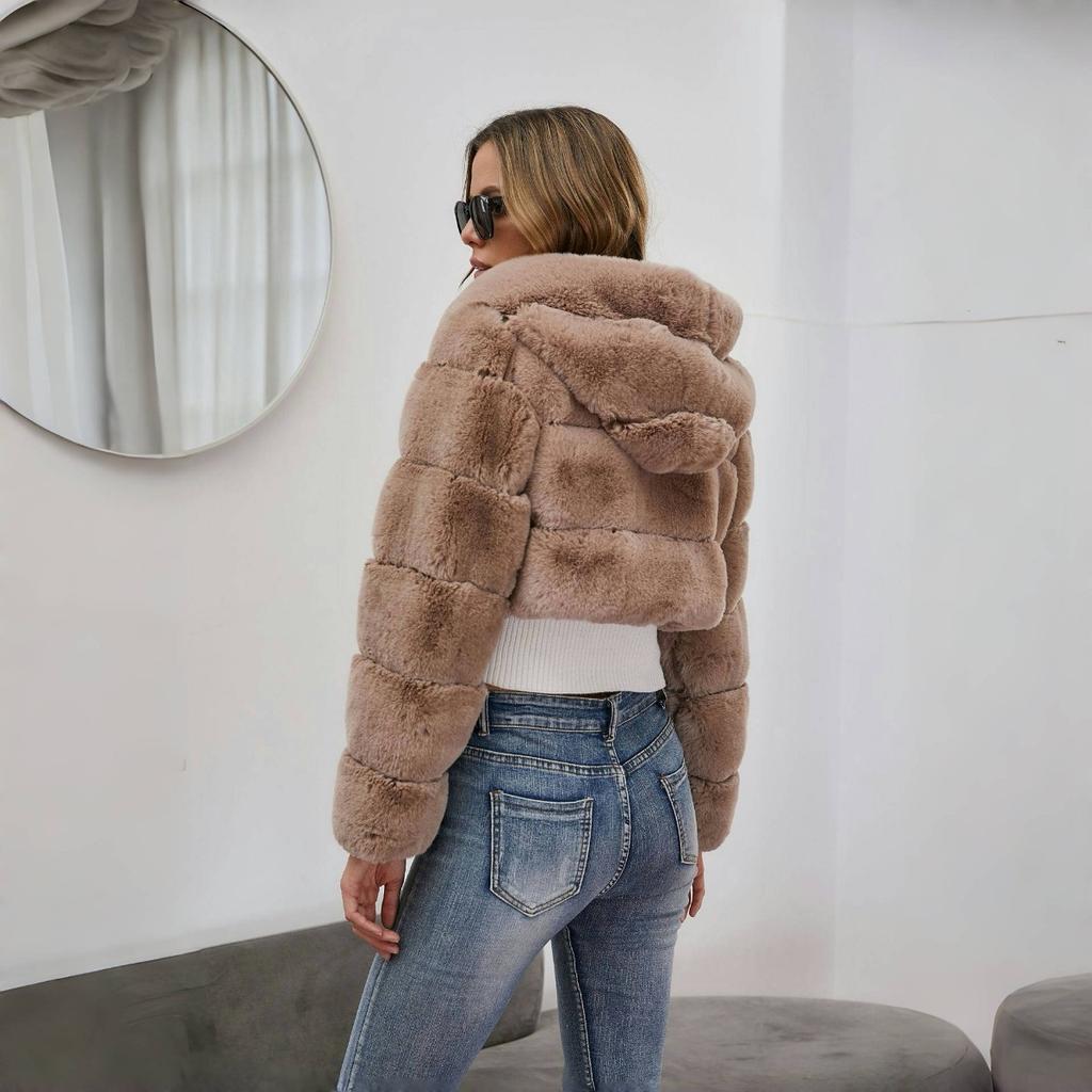 Y2k Streetwear Women Autumn Winter Faux Fur Coat Hooded Cropped Jacket Fur Coat Long Sleeve Cardigan Soft Tops Vintage Harajuku