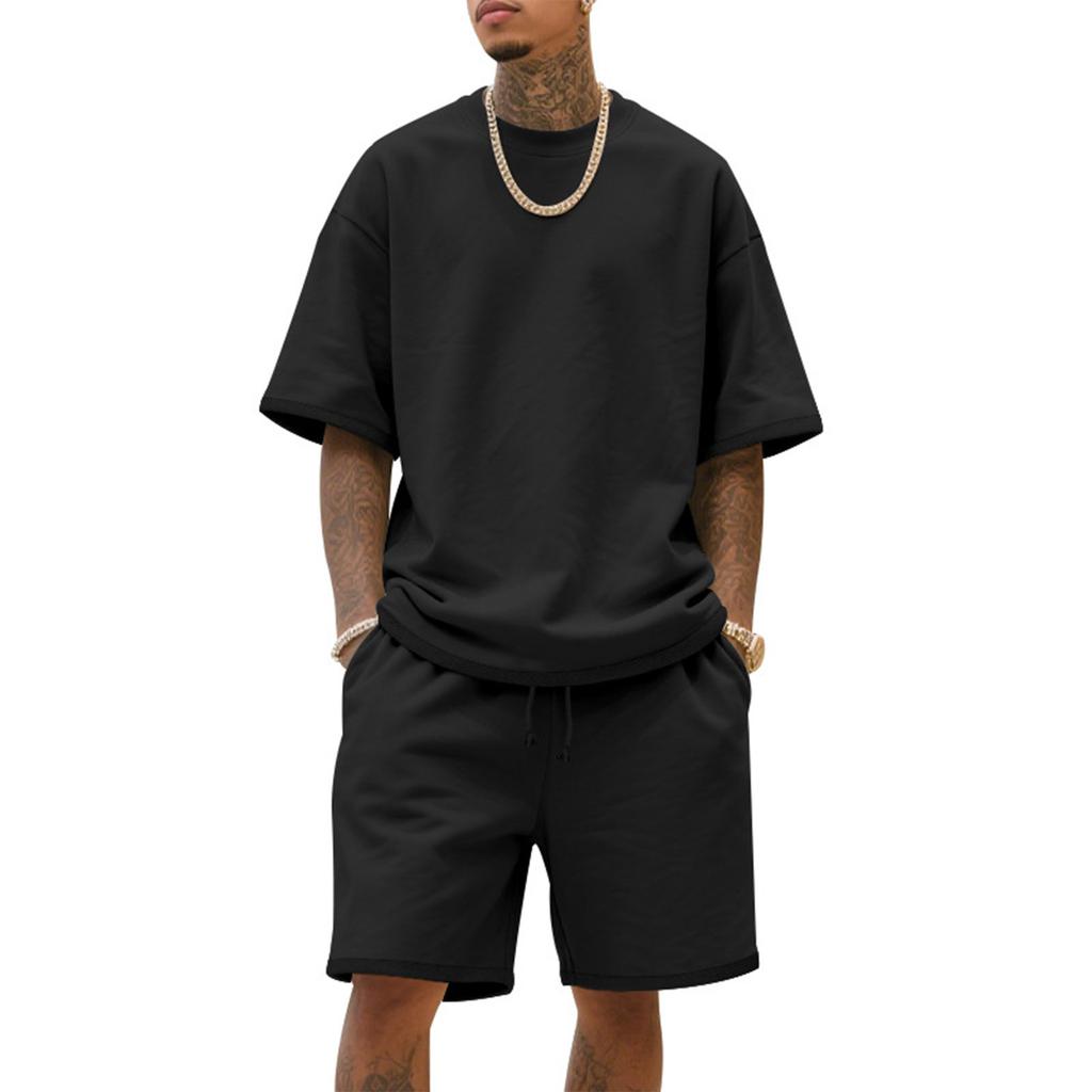 Men'S Color Casual Round Neck Short Sleeved Shorts Two-Piece Set