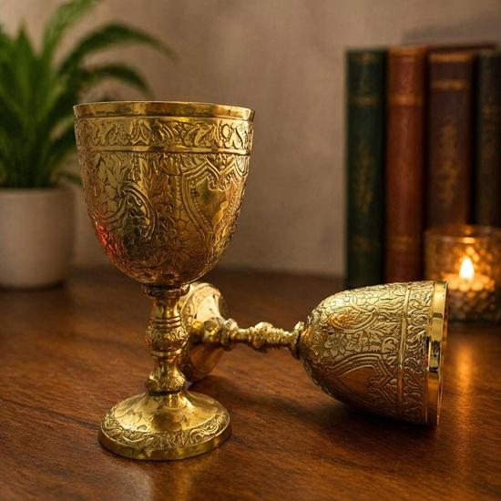 Handcrafted Brass Goblet – Ornate Medieval Chalice, Vintage Wine Cup, Renaissance Decor
