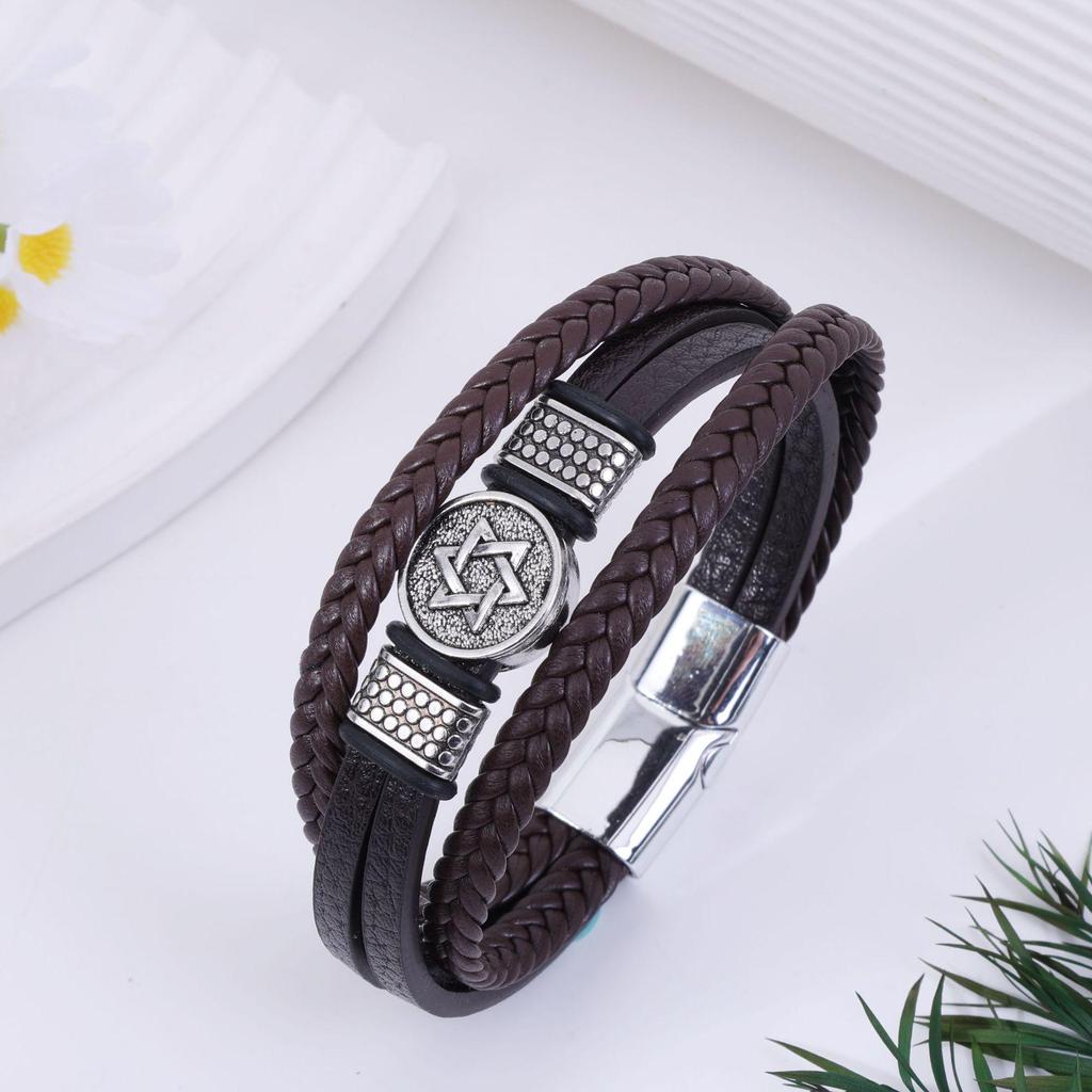 Men's Versatile Hip-Hop Bracelet - Woven Leather, Six-Pointed Star Design, Japanese/Korean Style