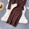 Women Autumn Winter Knit Set Slim Solid Color Two Piece All Match Crop Sweater Hip Dress For Ladies