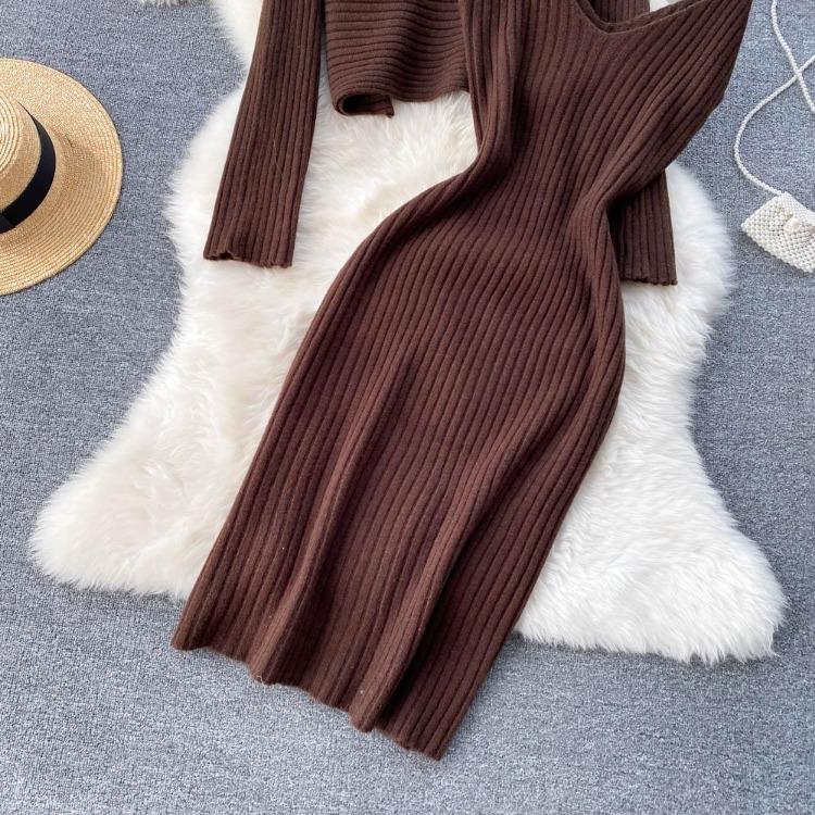Women Autumn Winter Knit Set Slim Solid Color Two Piece All Match Crop Sweater Hip Dress For Ladies