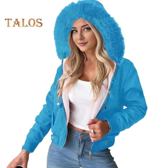 

Женское зимнее пальто с капюшоном из плотного плюша, застежка-молния, длинные рукава, однотонная короткая куртка с карманами, верхняя одежда для вечеринок, офиса, свиданий и вечеринок XXL синий