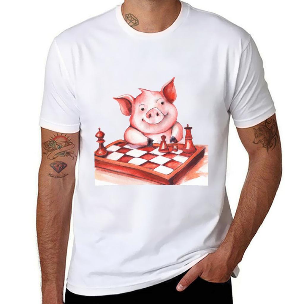 Pig Playing Chessai Generated Art Tshirt Gym Wear Breathable Short Sleeve Tee