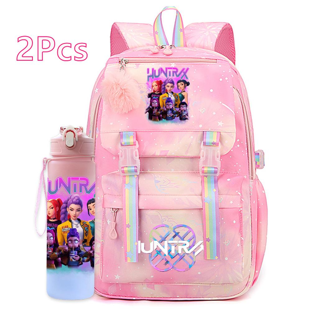 2Pcs/set Cute K-Pop Demon Hunters Printed Backpack with 750Ml Water Bottler for Teenager Student Girl Boy Large Capacity Waterproof Bookbag Travel Bag