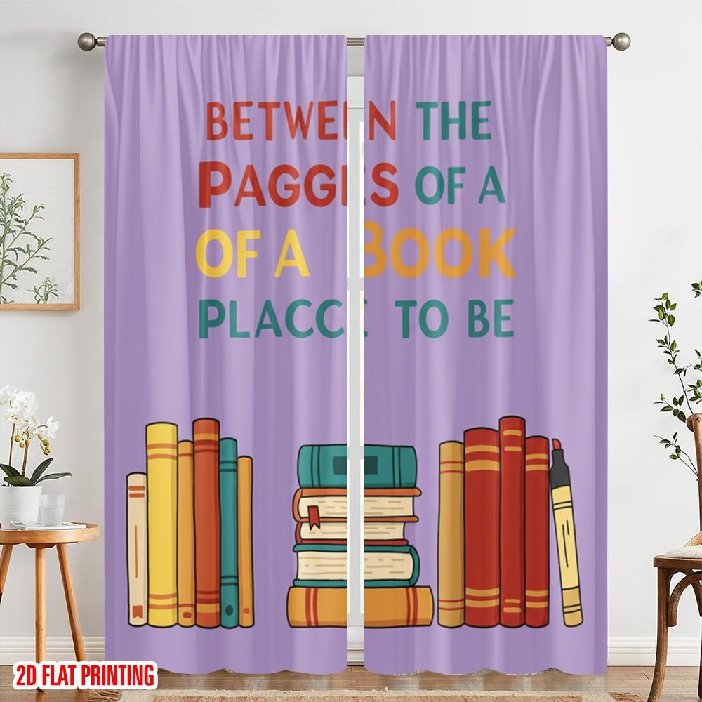 2pcs 2D Flat Printing Drapes Bookshelf Illustration Quote Reading Polyester Without Electricity Festive Holiday Use for Yard &
