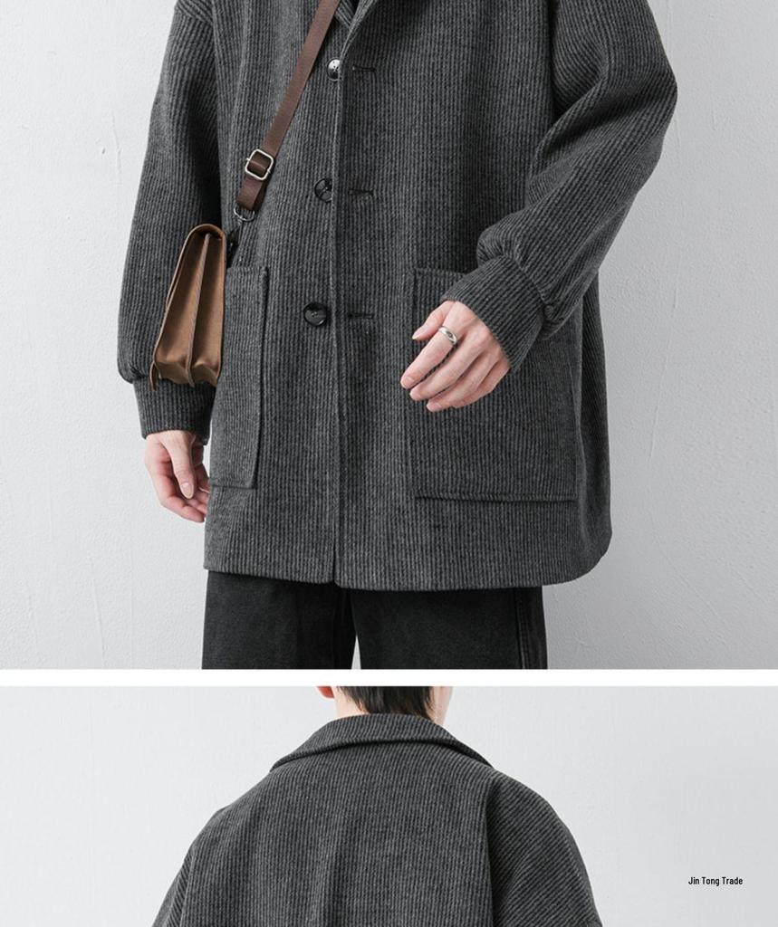 Men's Corduroy Wool Coat - Mid-Length, Loose Fit, Spring/Autumn, Hong Kong & Korean Style