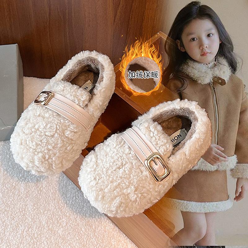 Children's woolen curly girls' cotton shoes, new autumn and winter soft-soled outdoor shoes for small, medium, and large children, warm shoes