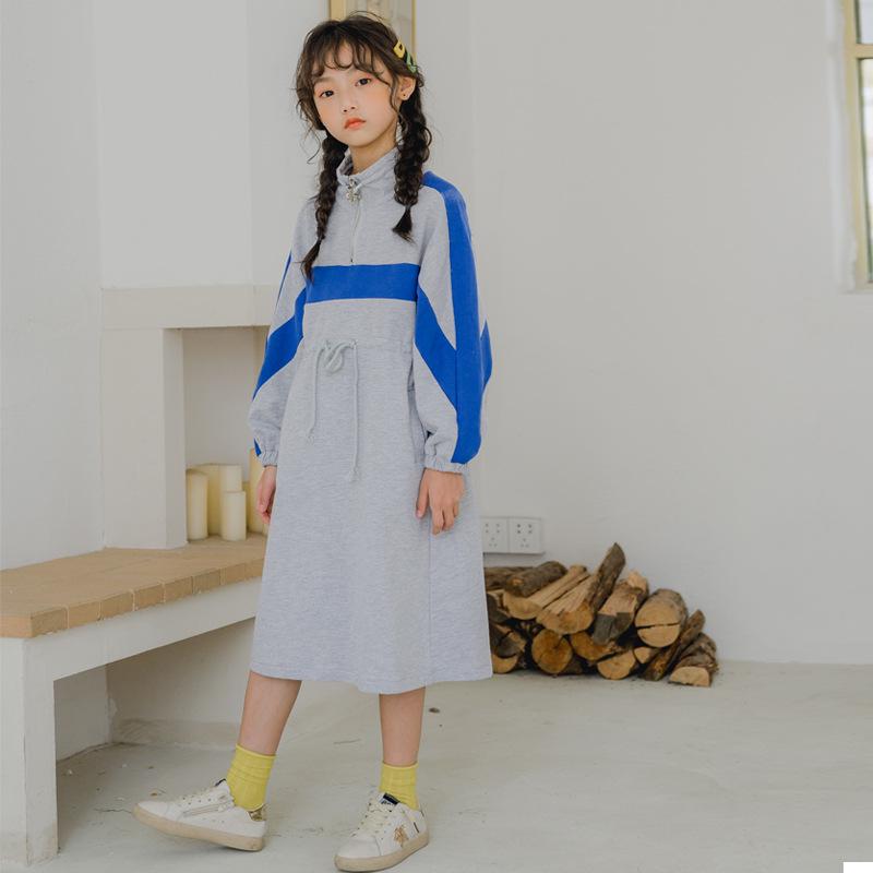 Spring/Autumn 2024 Girls' Casual Patchwork Stand Collar Long Sleeve Dress for Parent-Child