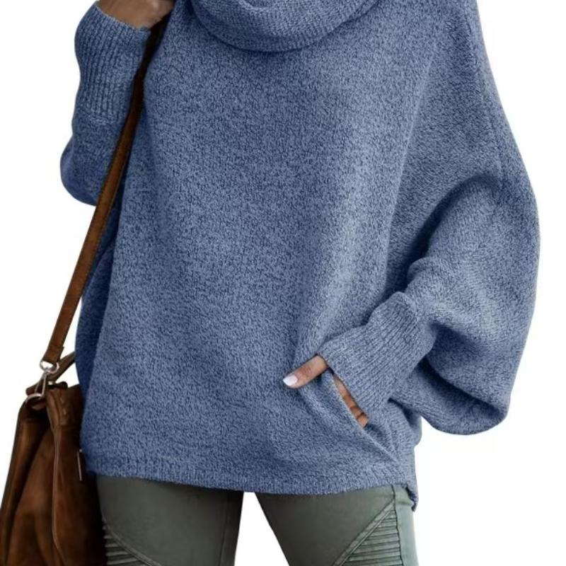 High Neck Women's Solid Color Knitted Sweater Fashion Pullover Lantern Loose Long Sleeve Casual Sweater