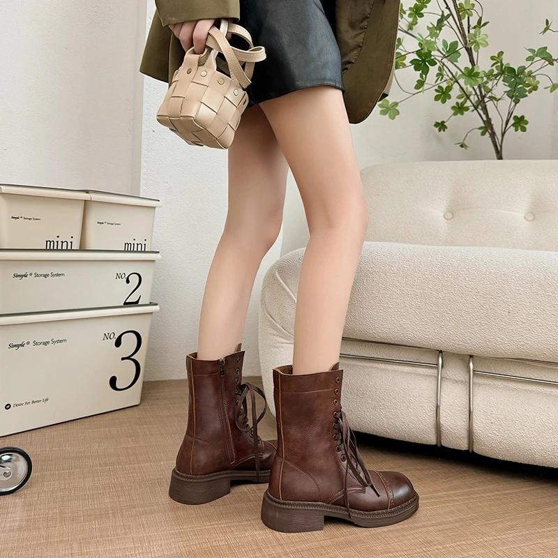 Women Mid Calf Boots Fashion Lace Up Platform Thick Heel Motorcycle Booties Retro Style Autumn Winter Female Shoes