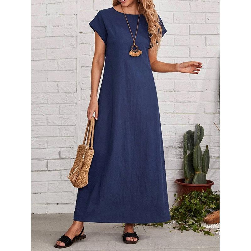 Summer Round Neck Short Sleeve Fashion Women Dress Loose Casual Solid Color Basic A-line Party Long Dresses Female Elegant Office Clothing