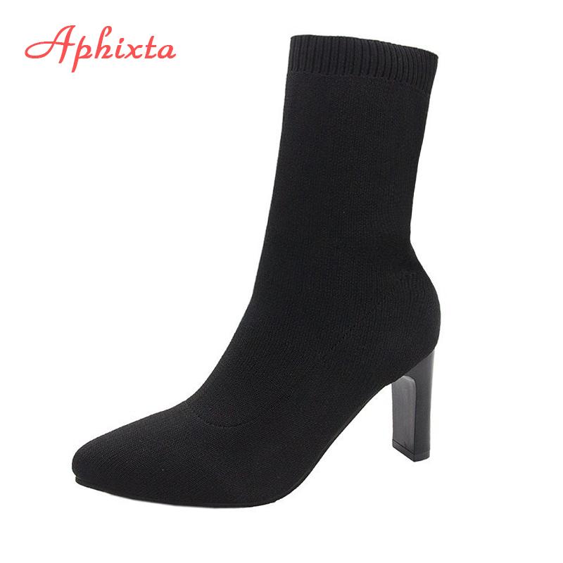 Fashion Aphixta Metal Blade Heels Socks Boots Women Stretch Fabric Elastic Stilettos Heel Pointed Toe Ankle Boots Shoes Woman Boats