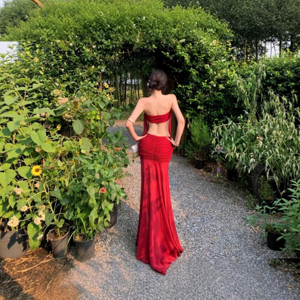Red One-word Shoulder Sleeveless Dress Royal Sister Style Temperament Vacation Dress Birthday Party Dress Sexy Hip Dress