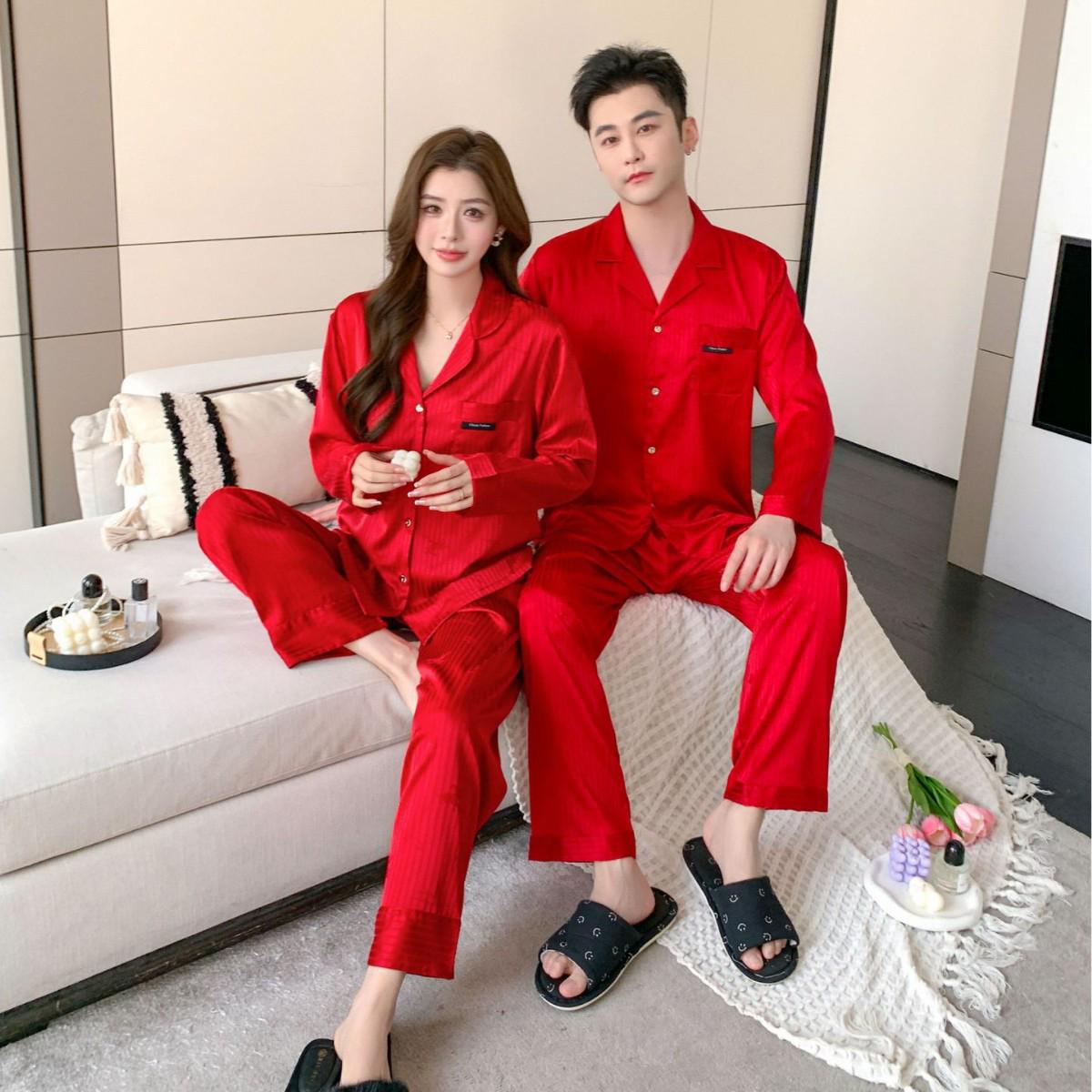 Couple s Ice Silk Pajamas Set: Men s & Women s Jacquard Long Sleeve Loungewear Men s L