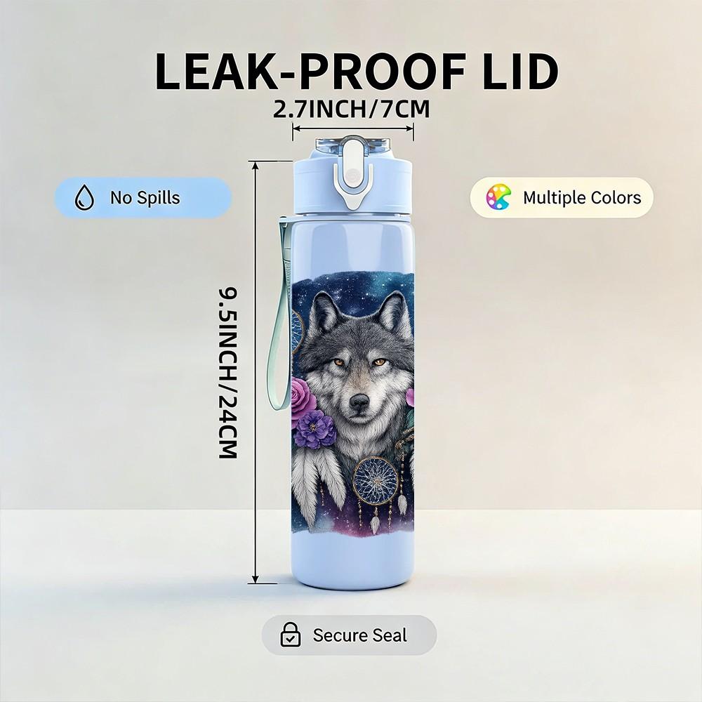 1pz Corona Floreale Lupo Ritratto Oscuro 750ml Plastica Colorata Borraccia Sportiva Tappo a Vite Anti-perdita con Cannuccia Pieghevole Adatta per Sport Ufficio Uso Domestico