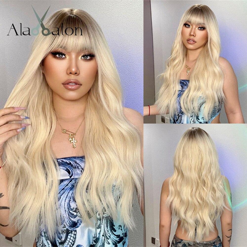 ALAN EATON Brown Highlight Layered Boby Wavy Wig Long Natural Mixed Synthetic Wig Women Daily Hair with Bangs Heat Resistant Wig