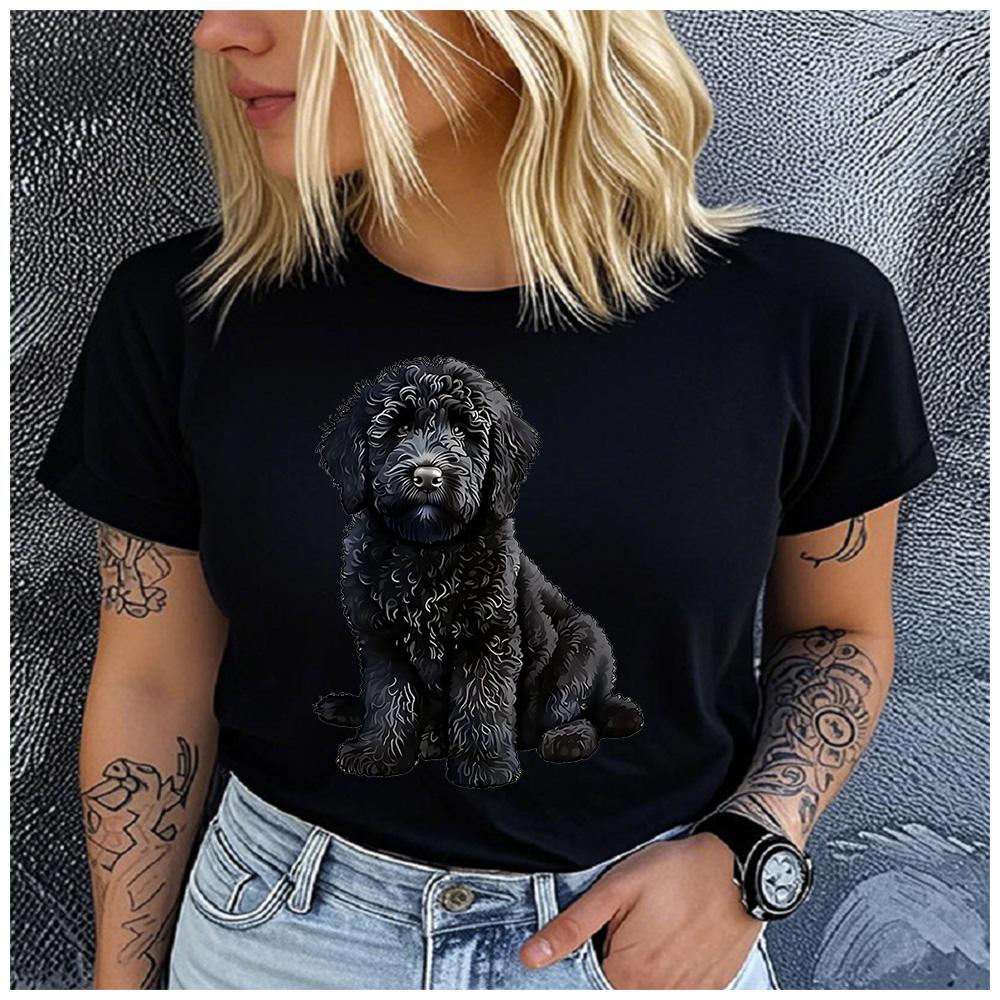 Cotton  Cute Black Curly Goldendoodle Puppy Graphic T Shirt Women Casual Pet Dog Print Short Sleeve Tee Gift For Dog Lovers