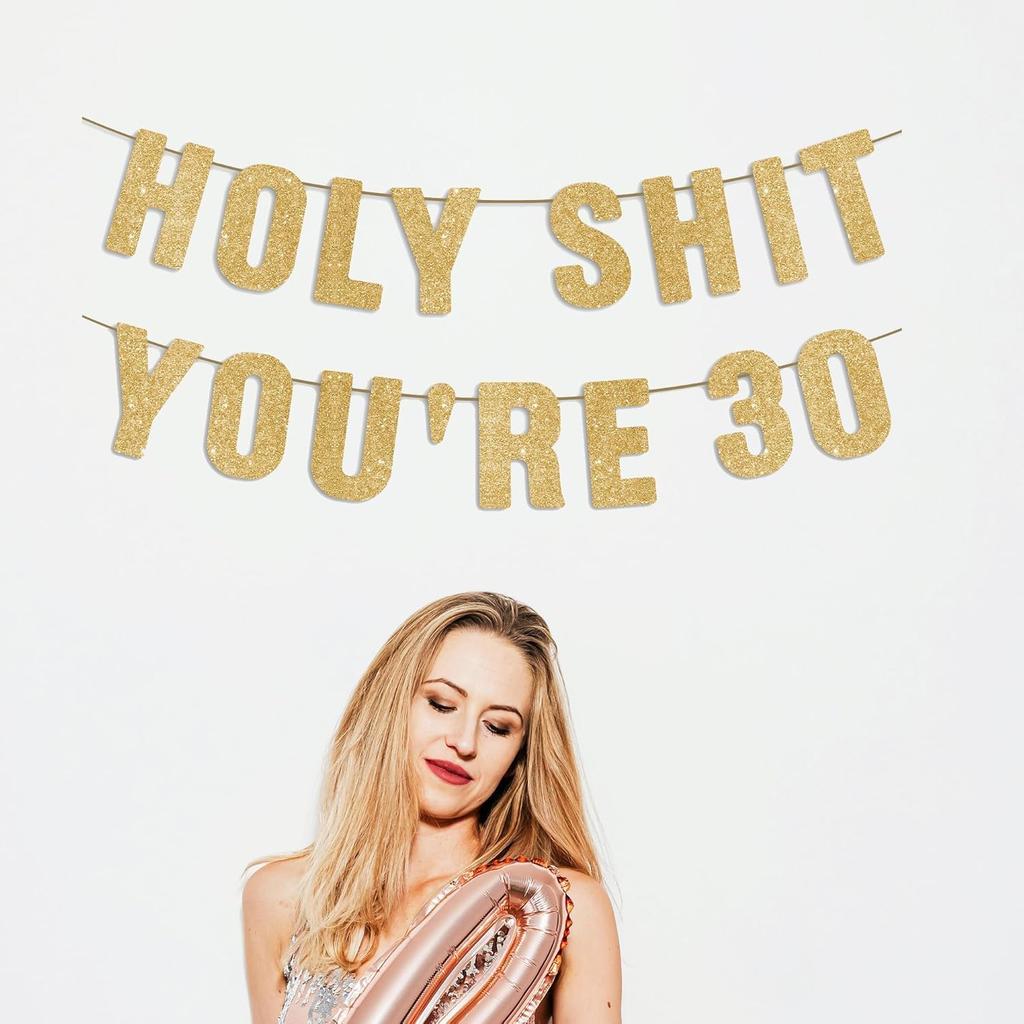 Happy 30th Birthday Decorations for Her & Him, Funny 30 Year Old Party Sign for Women & Men, Pre-Strung 30th Party Banner - Gold Glitter