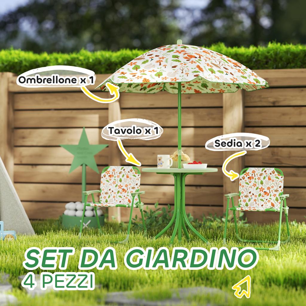 Garden Set for Children Ages 2-5 with Round Table, 2 Folding Chairs and an Umbrella, Green