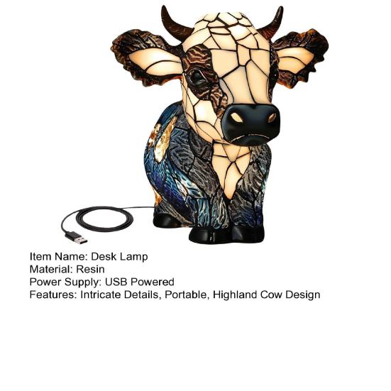 Highland Cow Table Lamp Bedside Table USB Powered Animal Night Light Resin Cow Desk Lamp for Bedroom Living Room Office