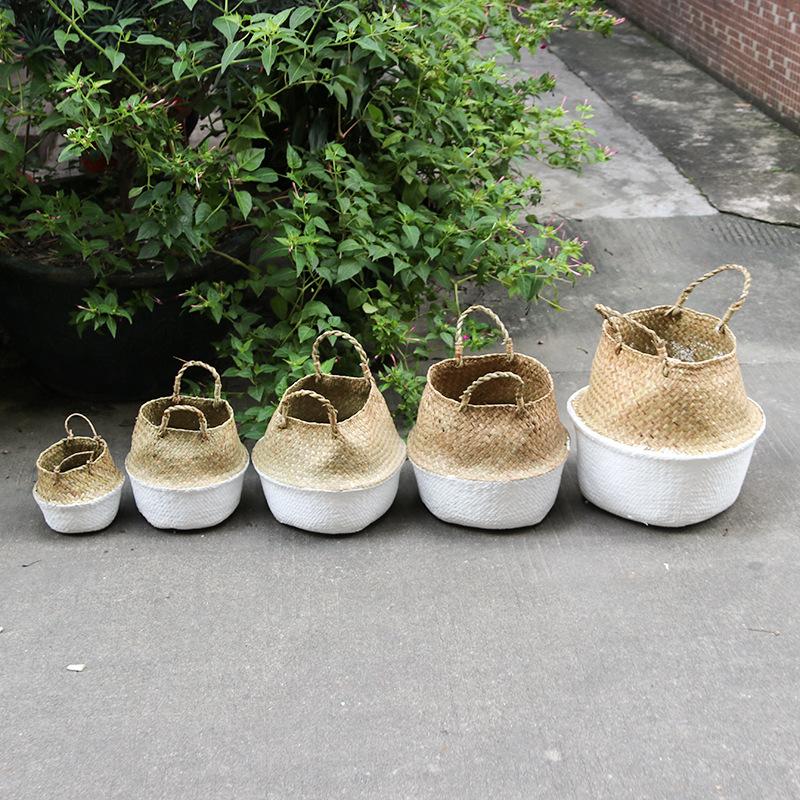 Haushalt Faltbare Natur Seegras Gewebte Aufbewahrungskörbe Garten Blumenvase Hängekorb mit Griff Aufbewahrung Bauchiger Korb