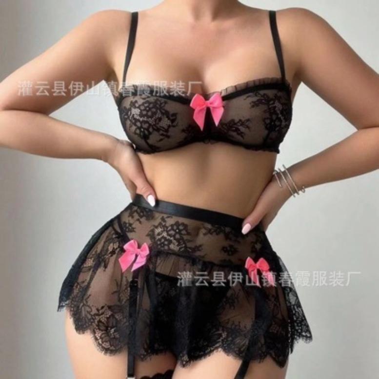 Sexy lingerie lace perspective splicing three-point bra set mesh garter belt women