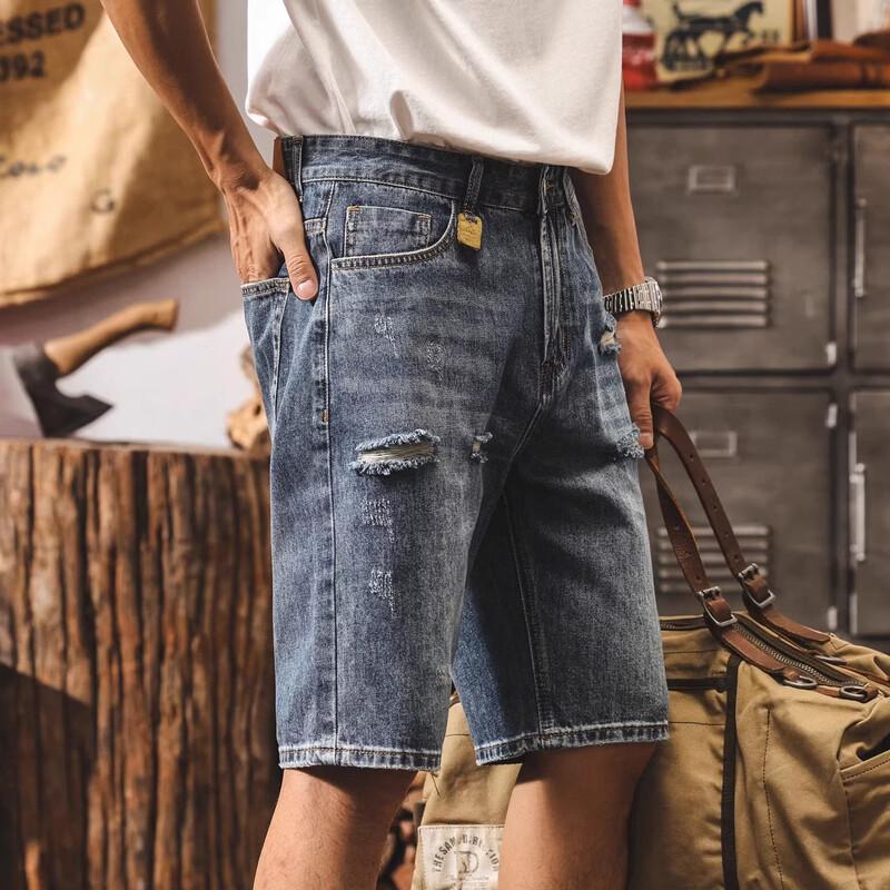 Men s American Retro Ripped Denim Shorts 34