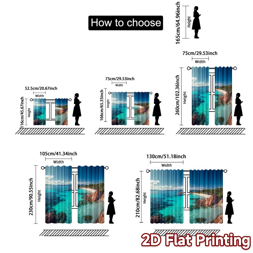 Set Of 2 Flat Printing Curtains Without Rod Azure Coast Creative Popular Versatile Polyester Fabric All Made