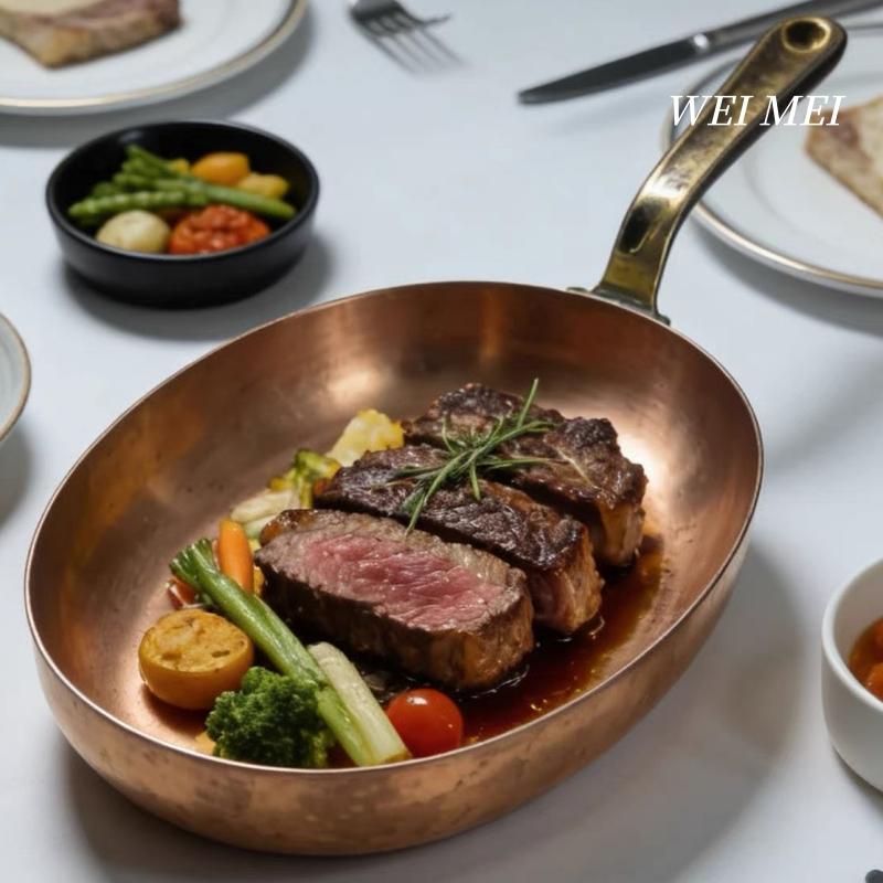Handgemaakte Vintage Koperen Elliptische Steakplaat Koekenpan Platte Pan, Westerse Diner Schaal Handvat Platte Gebakken Eieren Bodem Pan