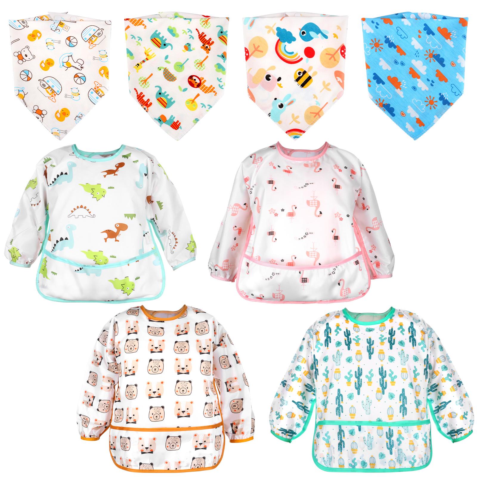 

4-Pack Bibs With Waterproof Sleeves - Long Sleeve Bibs For Babies With Adjustable Neckline And 4 Bibs