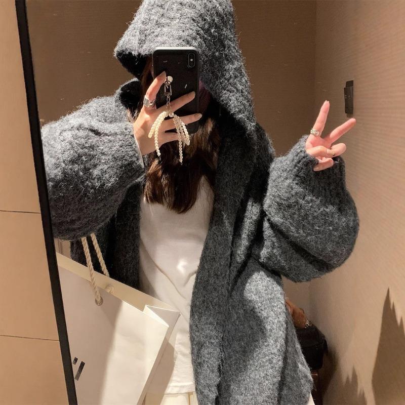 Hooded sweater jacket women's autumn and winter loose lazy wind soft waxy medium and long knitted cardigan top women
