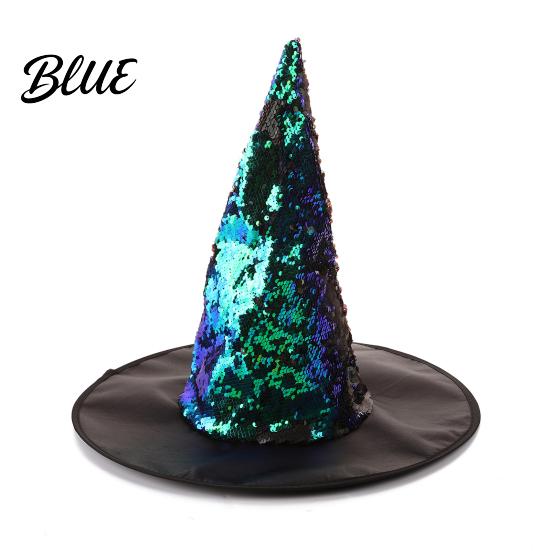 Wide Brim Witch Hat Reversible Sequin Hat Sparkly Glitter Large Wizard Halloween Costume Party for Cosplay Masquerade