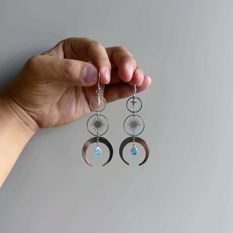 Bohemian Sun & Moon Nymph Earrings in Water Blue