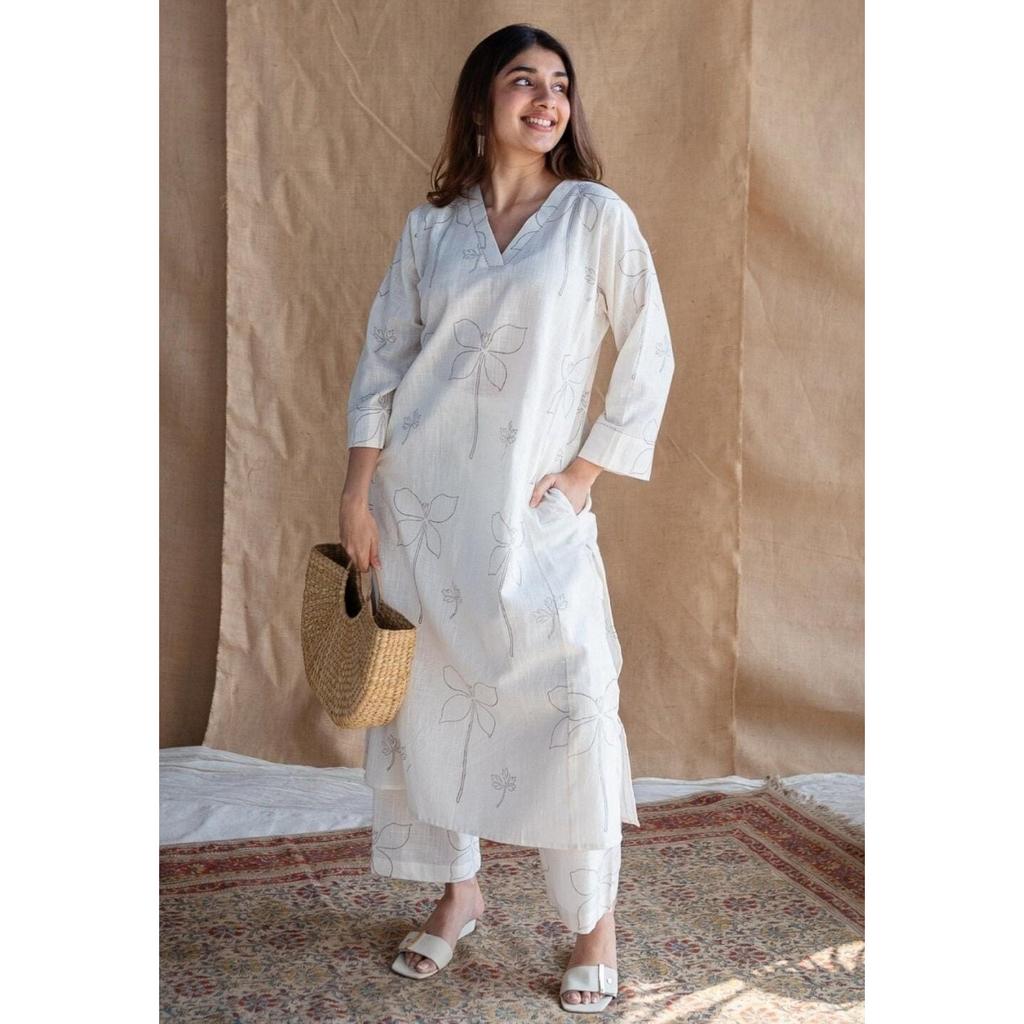 Indian Designer Cotton White Kurti Women Bollywood Top Tunic Kurta Pant Set SC-2281a1