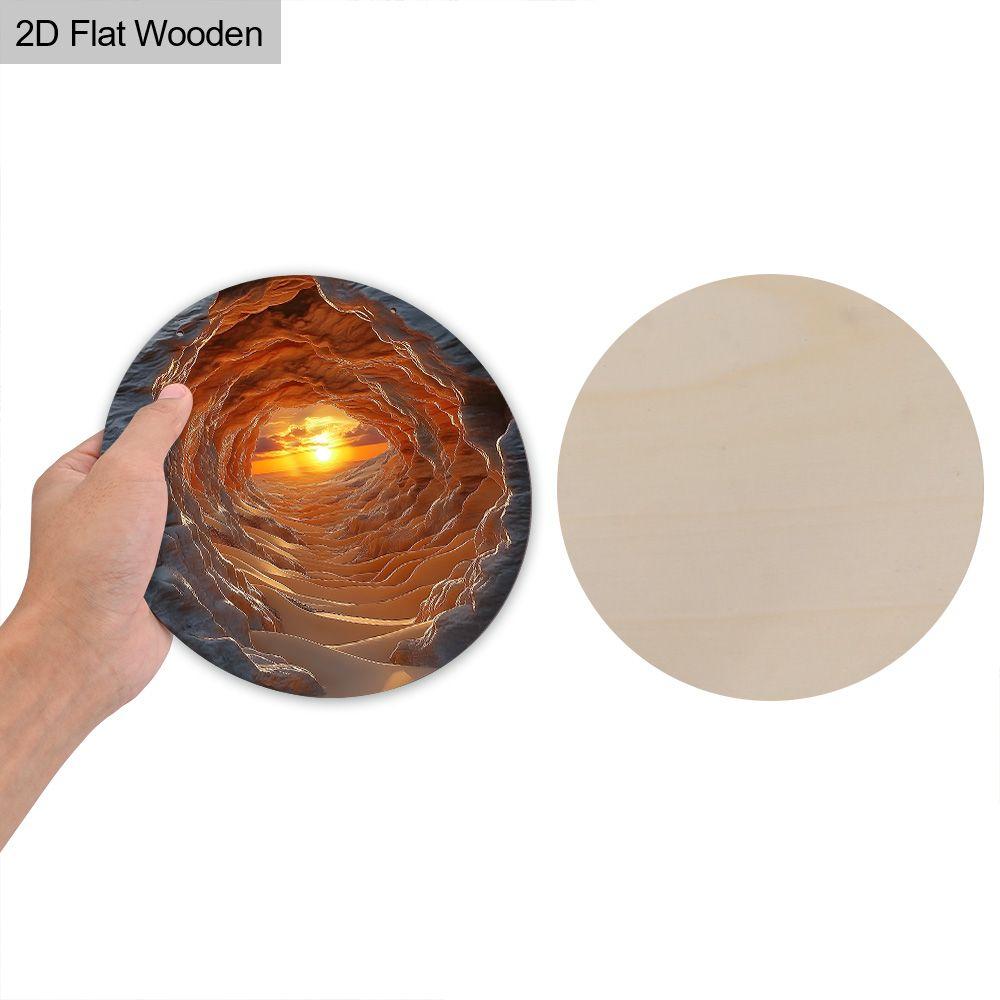 Cave View Desert Sunset Round Wooden Hanging Sign, 2D Flat Printed Nature Landscape Wall Door Ornament, Scenic Home Decor Gift