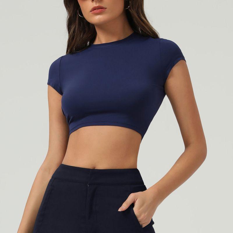 

European and American Tight Sanding Yoga T-shirt Leisure Top All-Match Outdoor Sports Short sleeve Women Dance Workout Clothes Quick-Drying Deep Blue XL