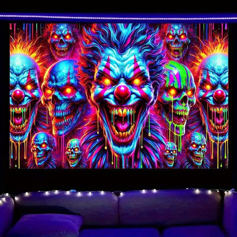 2D Blacklight Evil Clown Backdrop with Glowing Skulls Halloween Party Decor