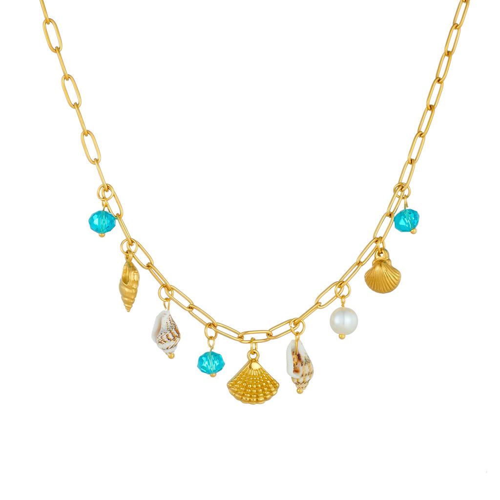 316L Stainless Steel Blue Crystal Shell Conch Pearl Pendant Necklace Women Fresh Ocean Style Neck Chain Jewelry Gifts