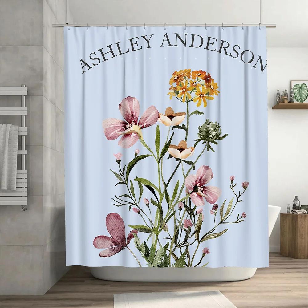 Watercolor Floral Shower Curtain Personalized Name Decorative Bath Room Waterproof Printed Pink Yellow Flowers Blue Background C