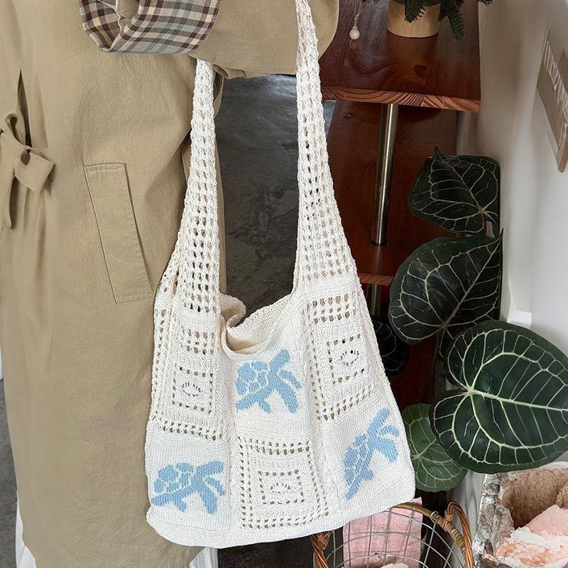 Turtle Korean Style Hollow Woven Bag Trendy Large Capacity Crochet Tote Bag Lightweight Embroidered Knitting Handbag Beach