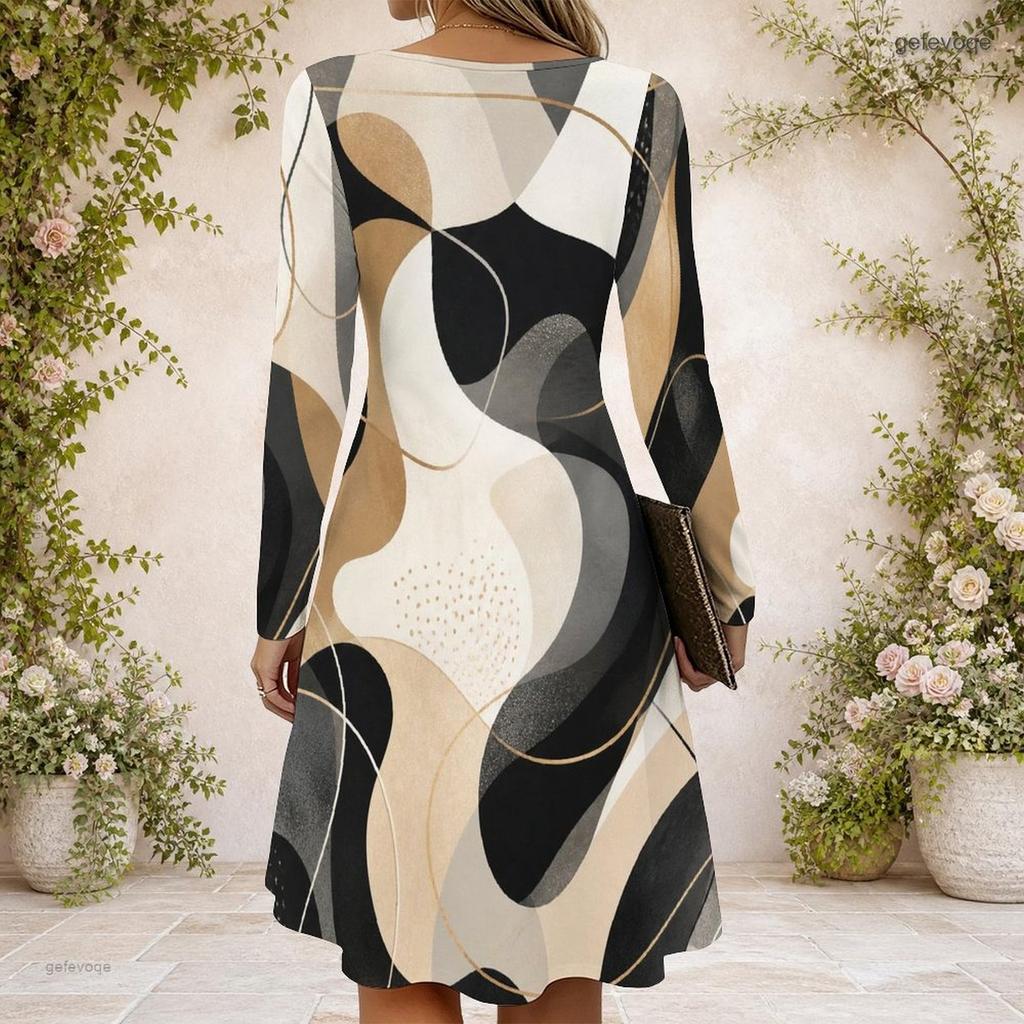 Women Criss Cross V Neck Long Sleeve Fitted Printed Dress Blue Green Curved Hem