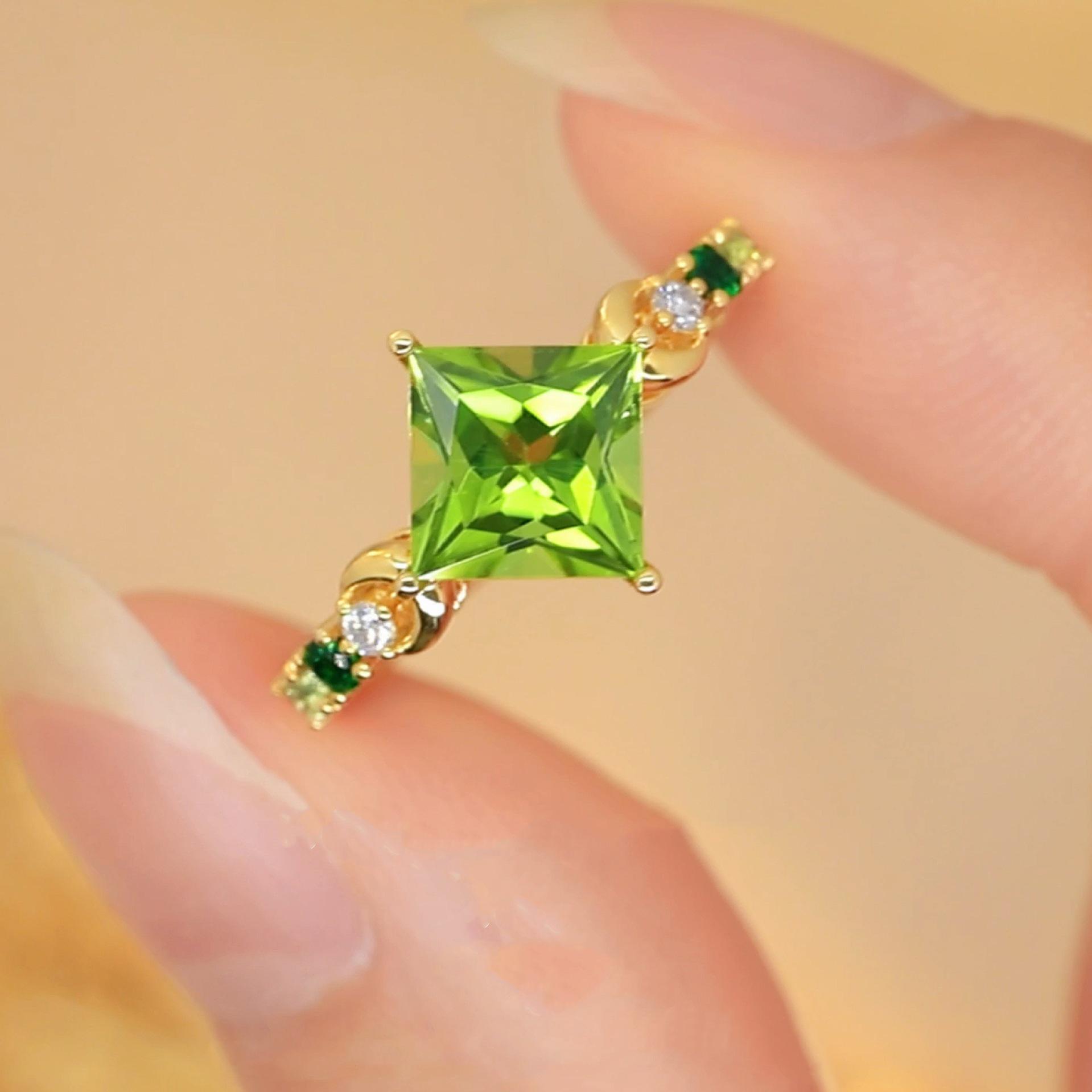 Yintai Fei Elegant Rhombus Facet Zircon Ring: 18k Gold-Plated Copper with Diamond and Green Peridot. Adjustable