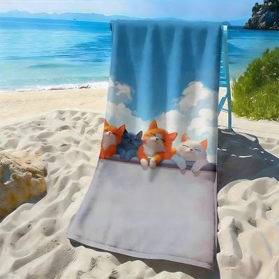Cute Cat Cartoon Pattern Polyester Microfiber Beach Towel Is Highly Absorbent, Suitable for Swimming and Beach Outings