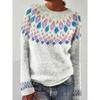 Womens Crew Neck Colorblock Loose Knit Sweater With Geometric Jacquard Acrylic Blend Plus Size S-5XL
