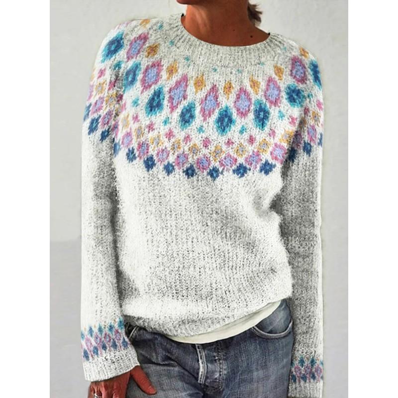 Womens Crew Neck Colorblock Loose Knit Sweater With Geometric Jacquard Acrylic Blend Plus Size S-5XL